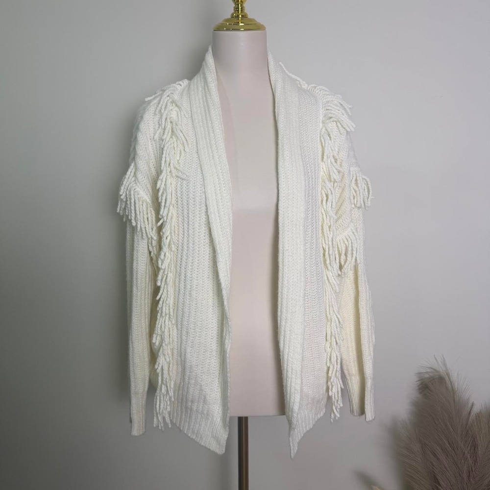 Franco S/M Cream Fringe Open-Front Chunky Knit Cardigan Sweater